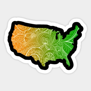 Colorful mandala art map of the United States of America in green and orange Sticker